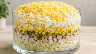 Sałatka warstwowa z szynką, ananasem i kapustą pekińską – prosty przepis na dużą miskę