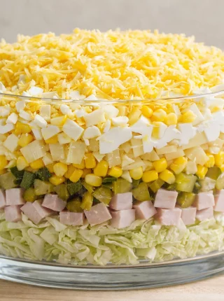 Sałatka warstwowa z szynką, ananasem i kapustą pekińską – prosty przepis na dużą miskę