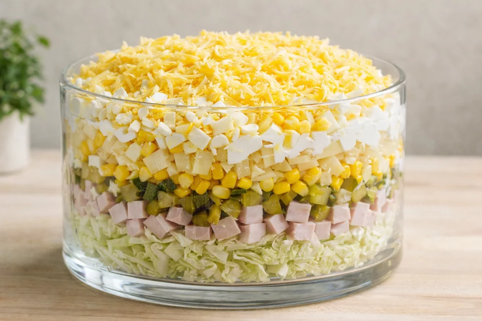 Sałatka warstwowa z szynką, ananasem i kapustą pekińską – prosty przepis na dużą miskę