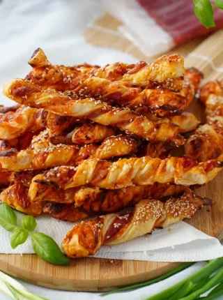 Chrupiące paluszki z ciasta francuskiego z mozzarellą i szynką parmeńską