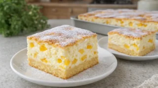 Sernik bez sera na kruchym cieście z brzoskwiniami – lekki i puszysty przepis