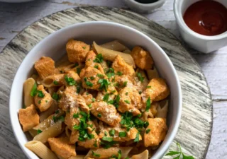 Makaron z kurczakiem w sosie ketchupowym